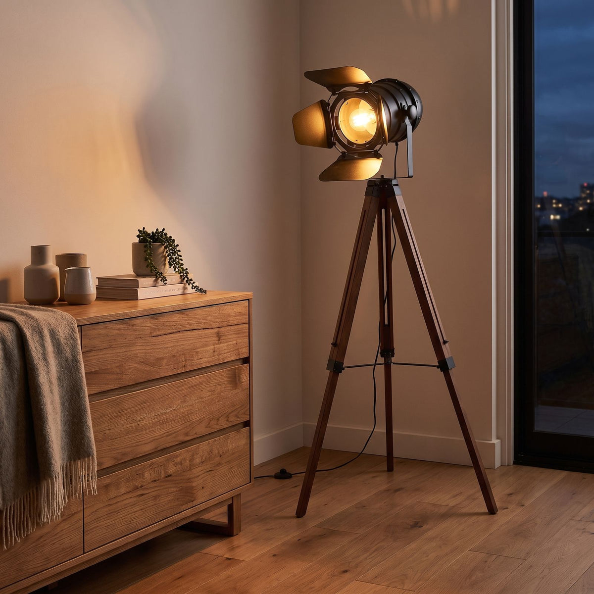 Studio spotlight tripod floor lamp in a bedroom corner beside a dresser