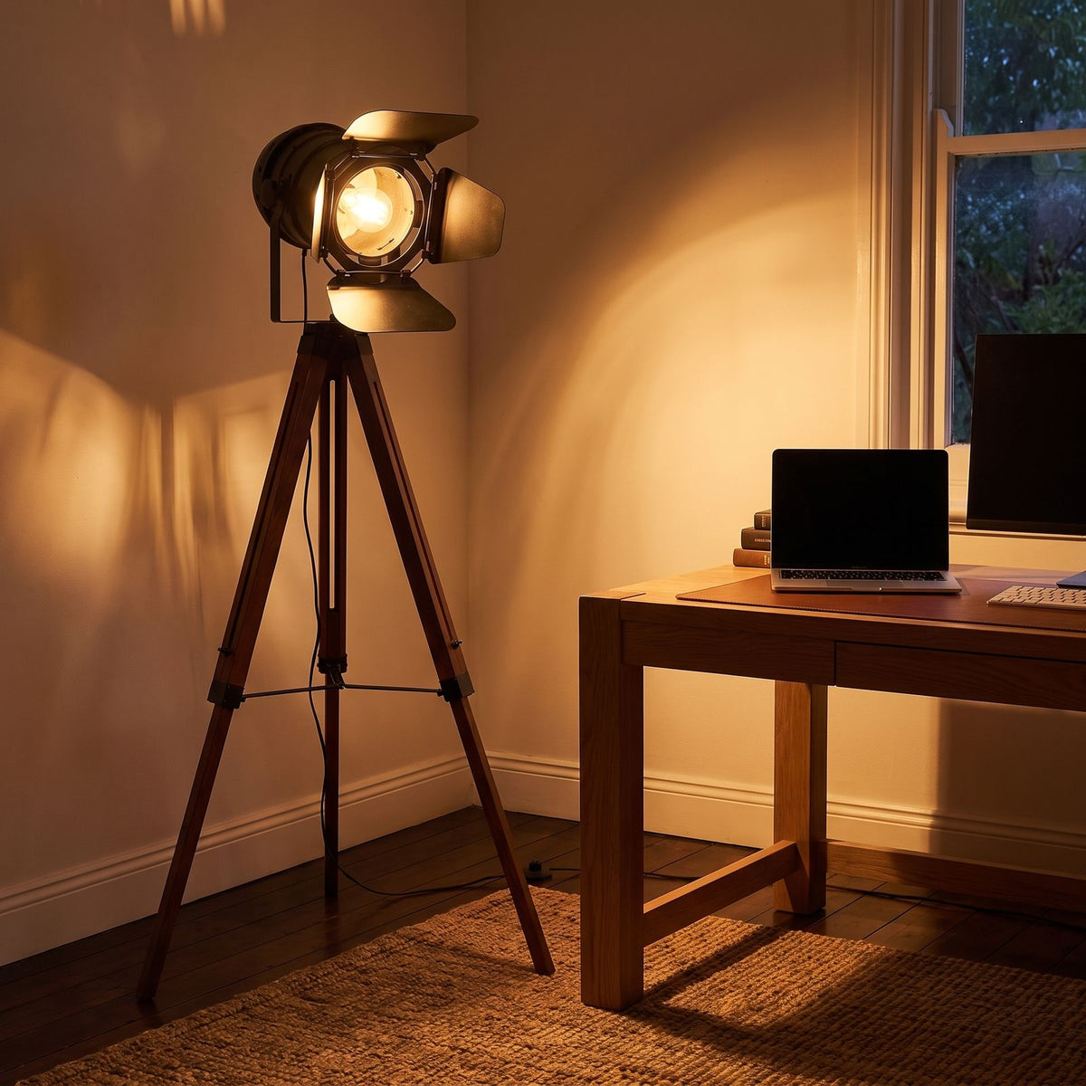 Studio spotlight tripod floor lamp in a home office corner beside a desk
