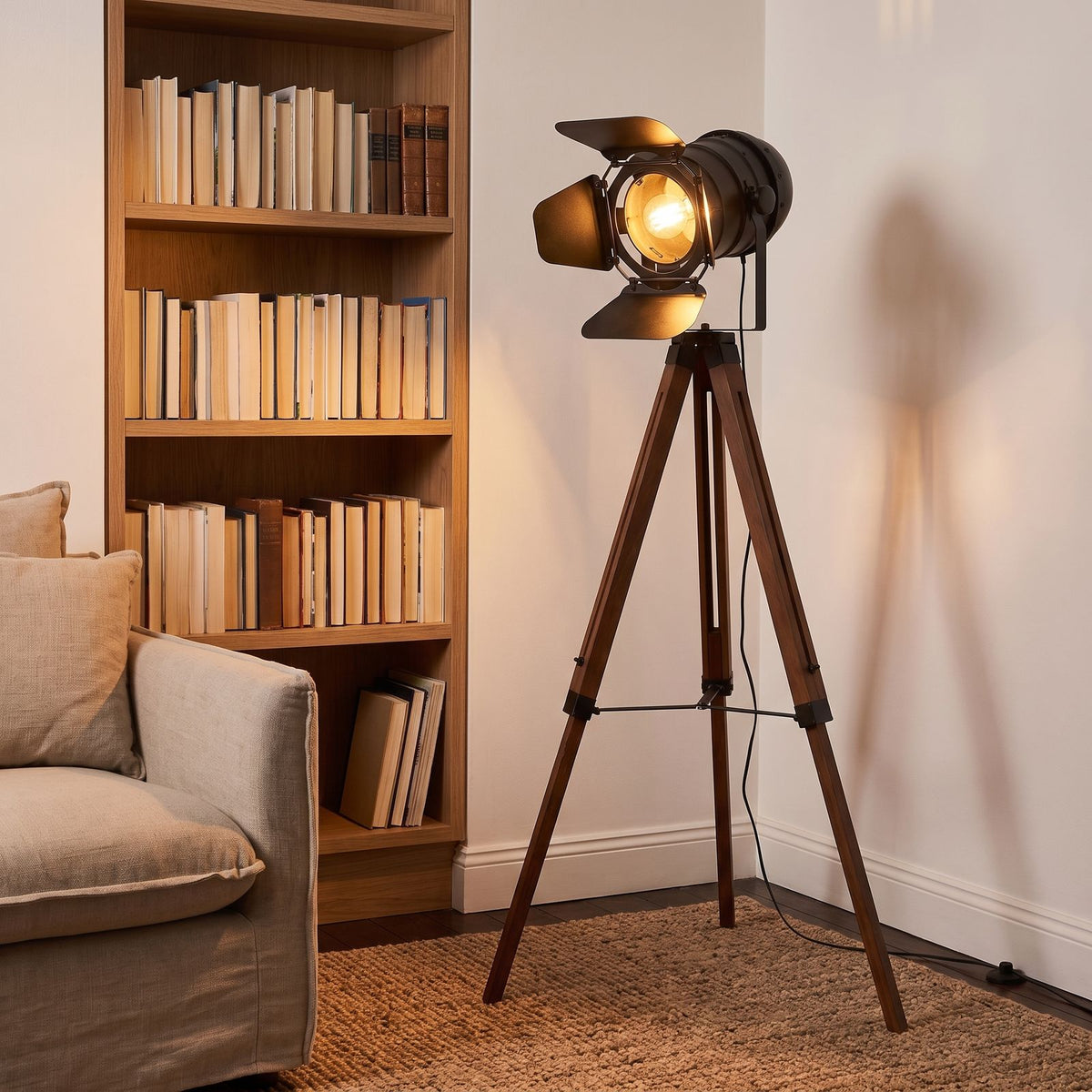 Studio spotlight tripod floor lamp in a reading corner beside a bookshelf