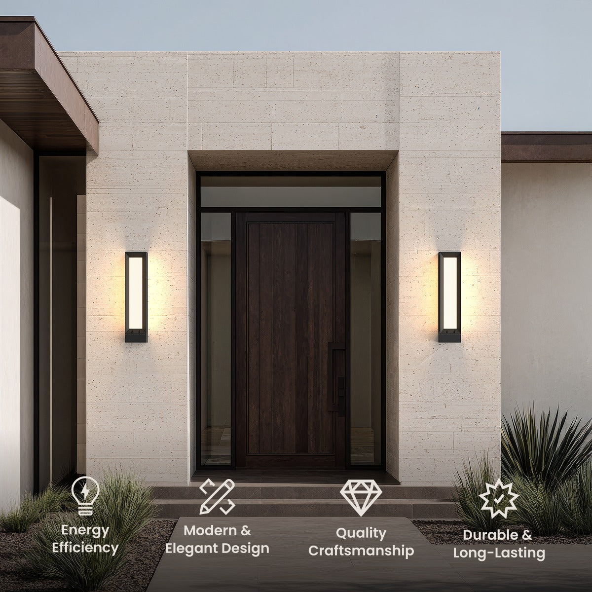 Pair of tall black LED wall lights either side of a timber front door