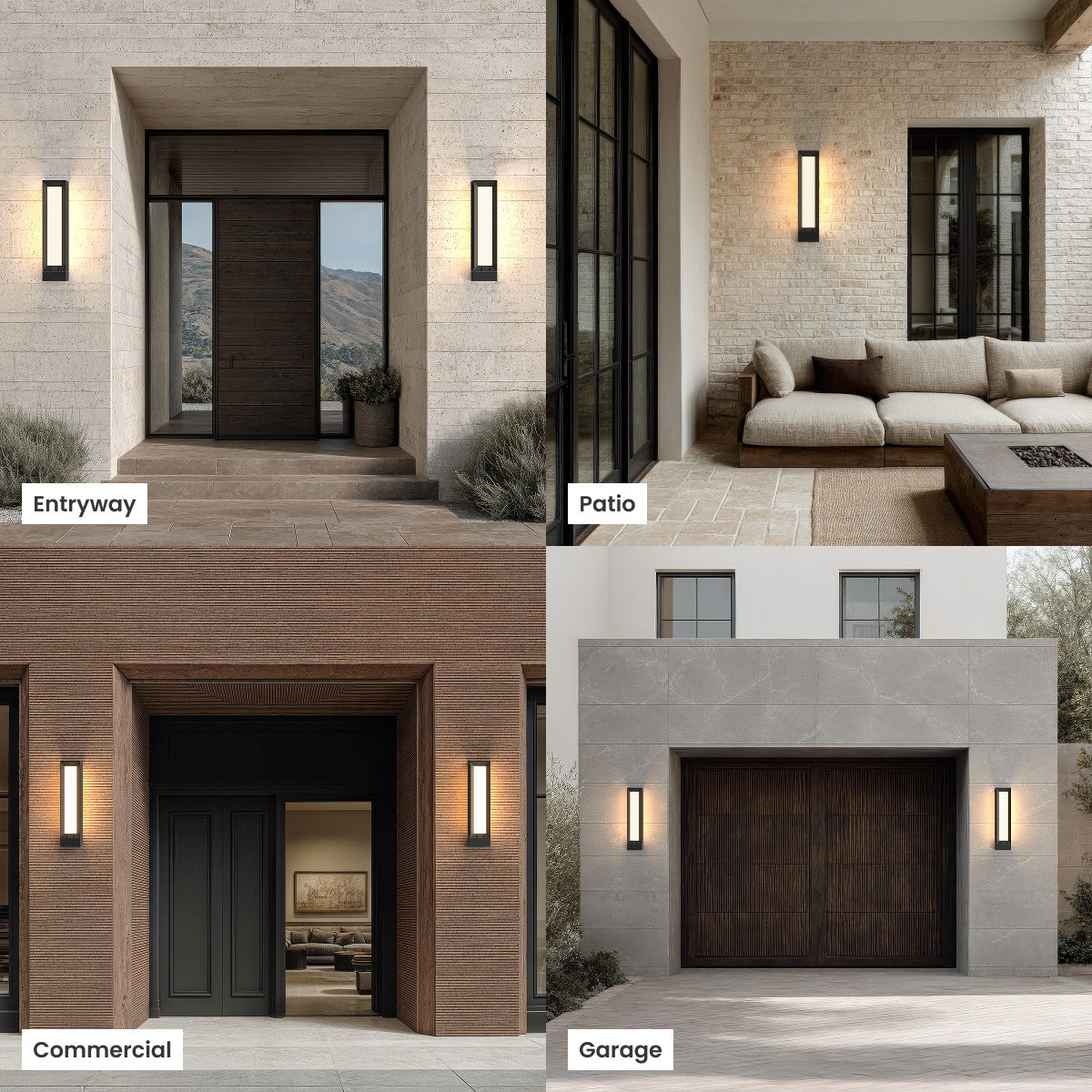 Tall black LED outdoor wall lights at an entry, patio and garage