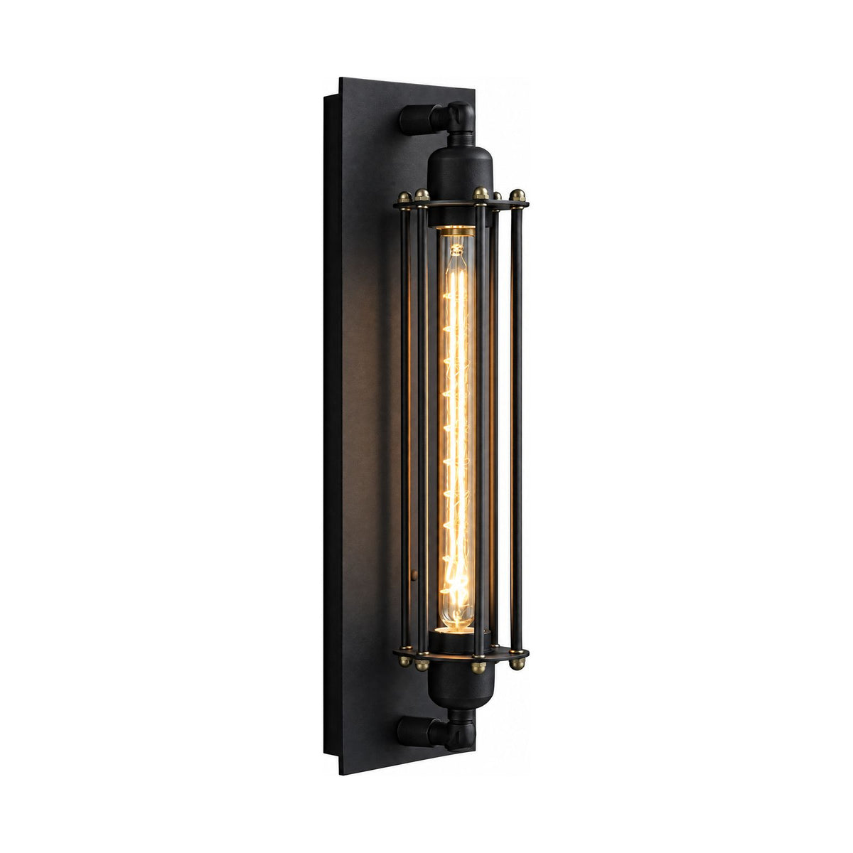 Tall Black Iron Flute Edison Wall Light on a white background