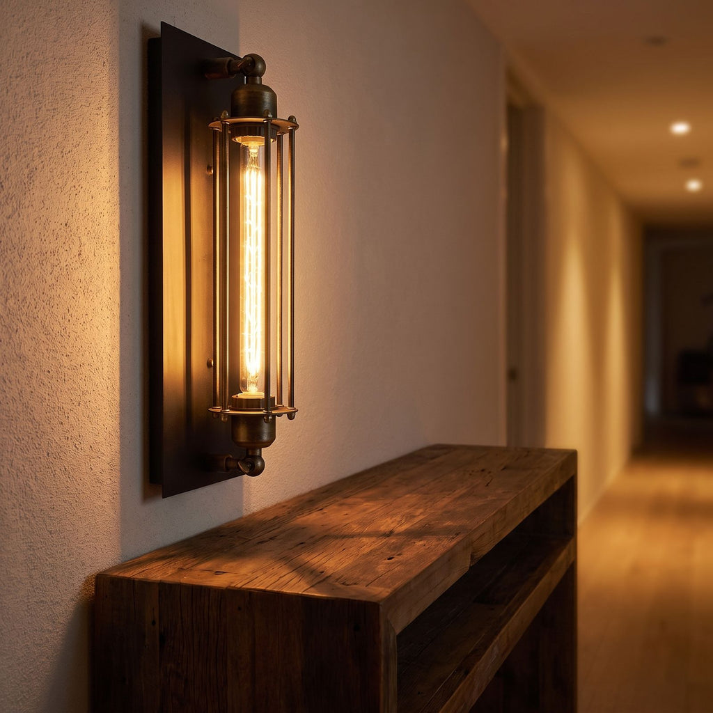 Tall Black Iron Flute Edison Wall Light in a hallway above a timber console
