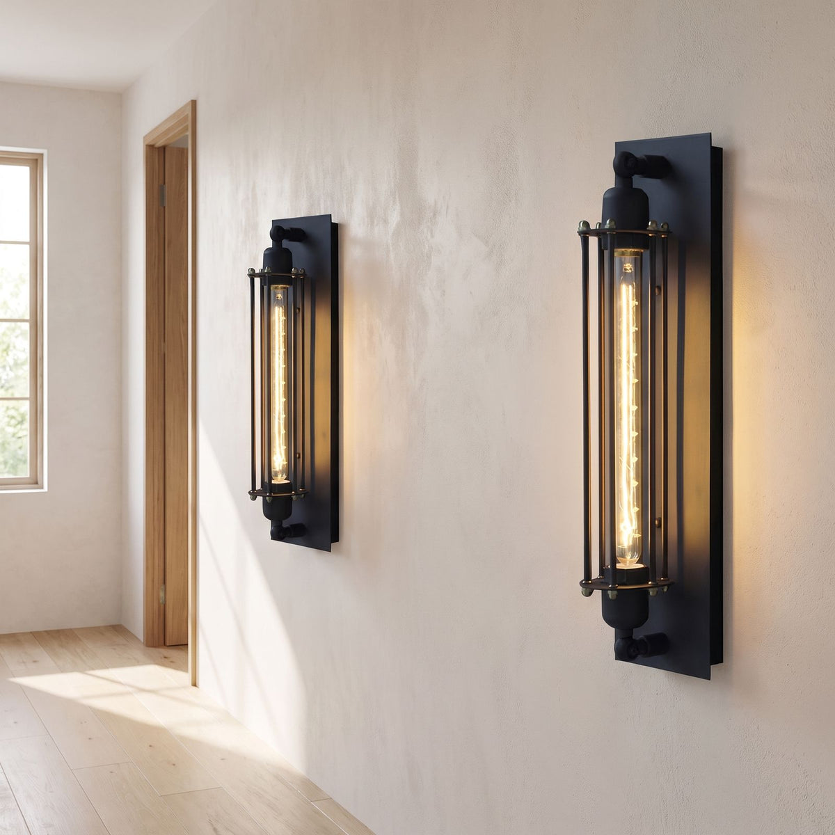 Tall Black Iron Flute Edison Wall Light in a pair on a wall of an Australian home