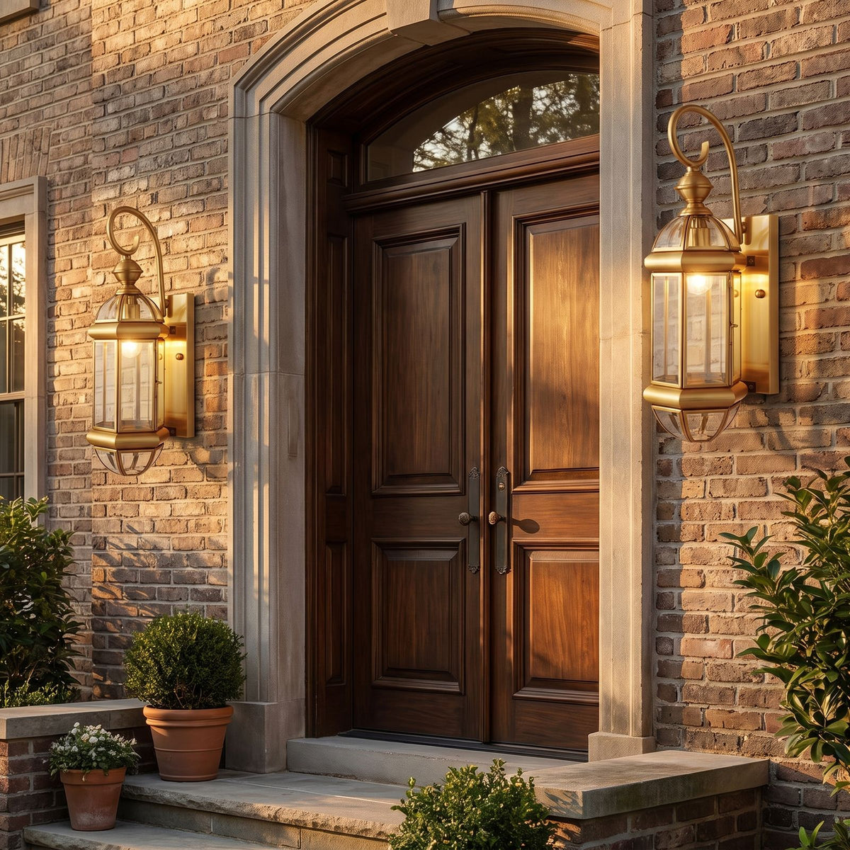 Tall Brass and Clear Glass Outdoor Wall Lantern in a pair on the facade of an Australian home