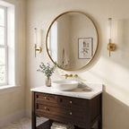 Tall Brass and Textured Glass Wall Sconce in a pair on a wall of an Australian home