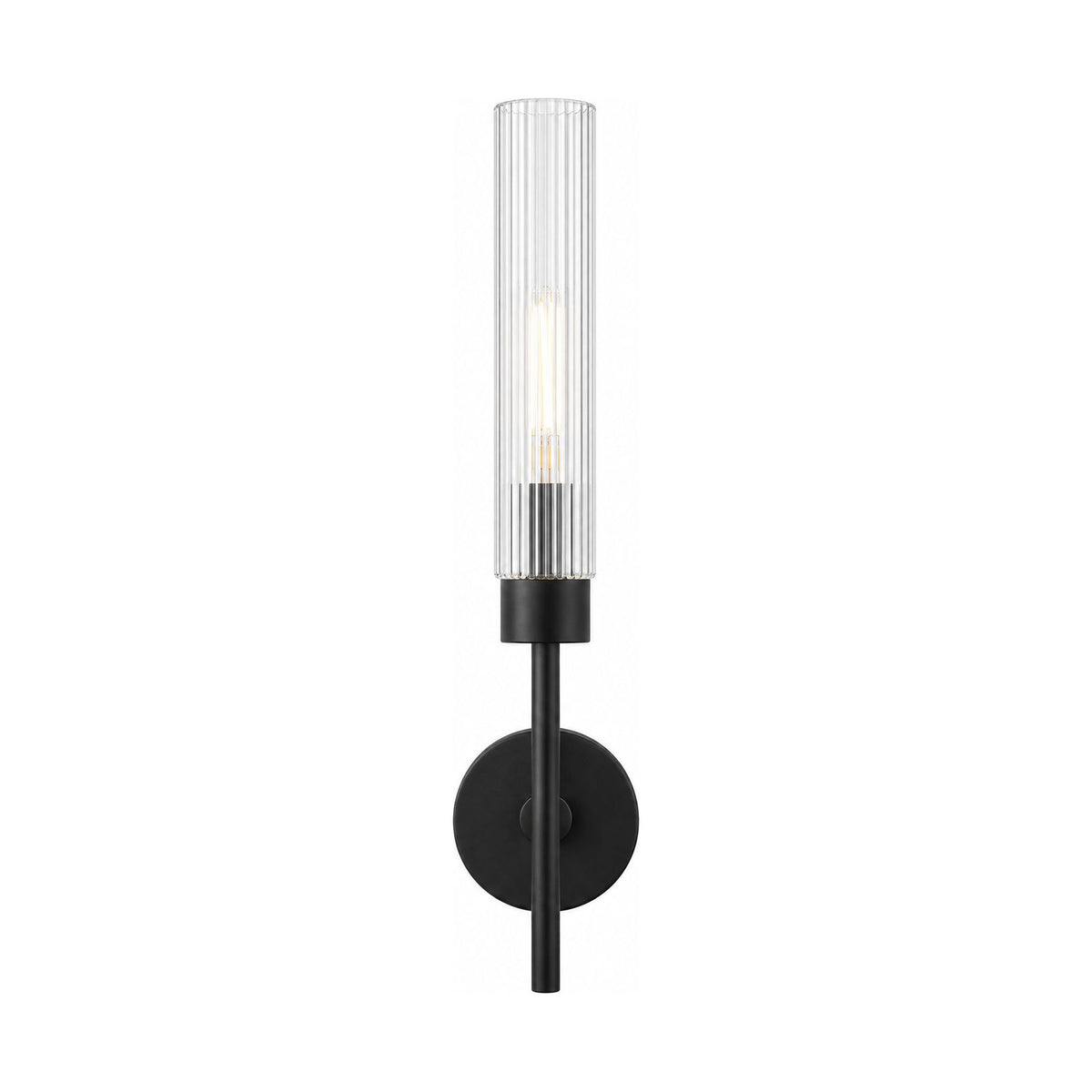 Tall Ribbed Glass and Brass Column Wall Light in Black on a white background