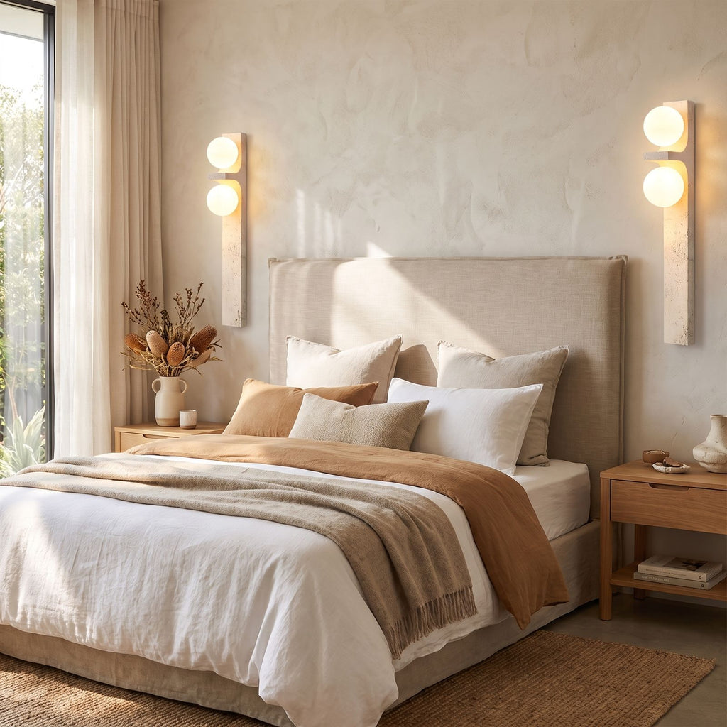 Tall Slim Travertine Strip Wall Light in a pair on a wall of an Australian home