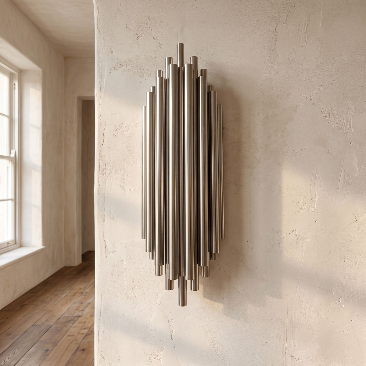 Tall Stainless Steel Up and Down Wall Light on a bedroom wall beside the bed
