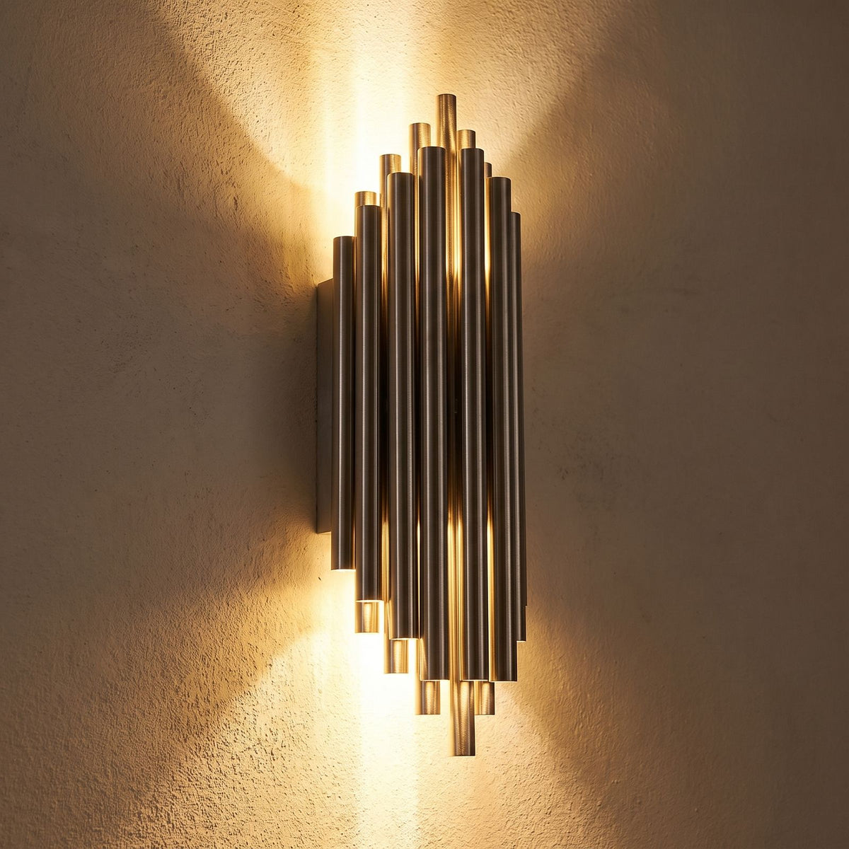 Tall Stainless Steel Up and Down Wall Light, close view at 45 degrees on a plaster wall