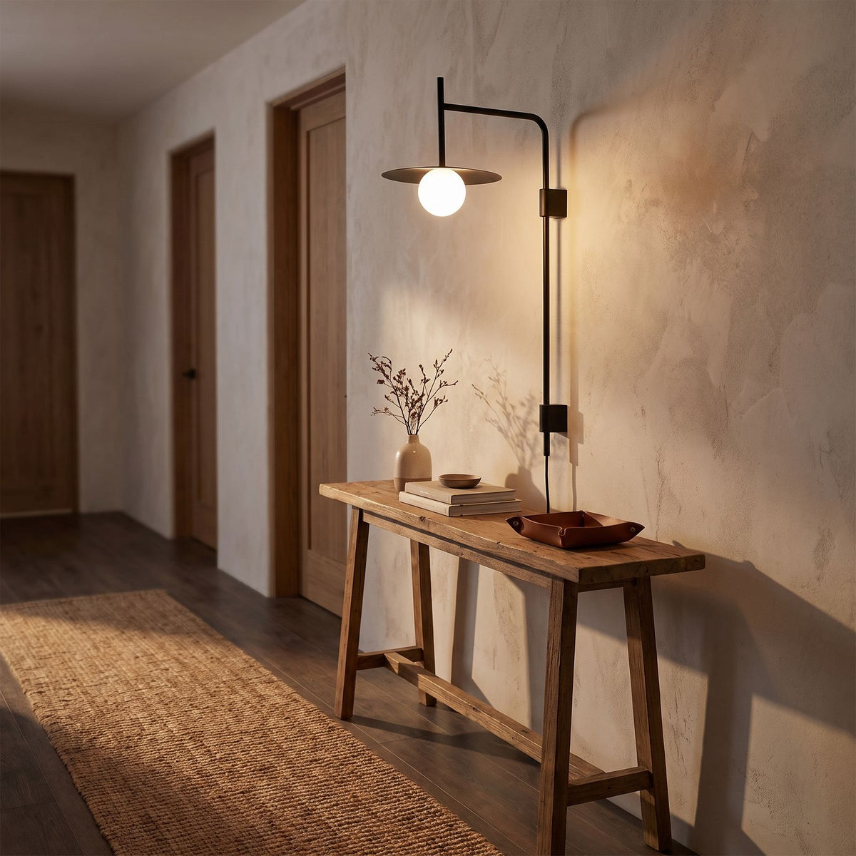 Tall Swing Arm Globe Plug-In Wall Light in a hallway above a timber console