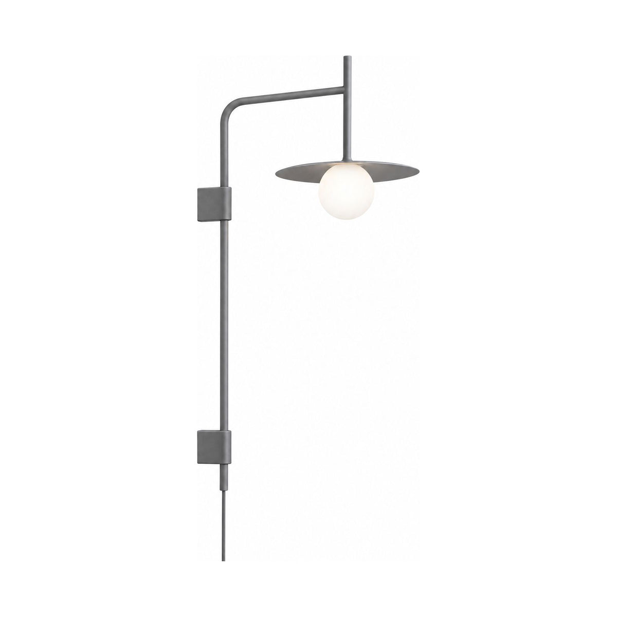 Tall Swing Arm Globe Plug-In Wall Light in Grey on a white background