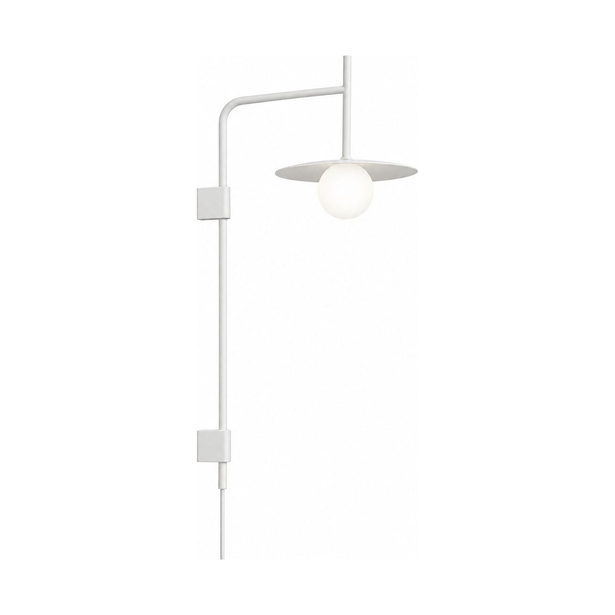Tall Swing Arm Globe Plug-In Wall Light in White on a white background