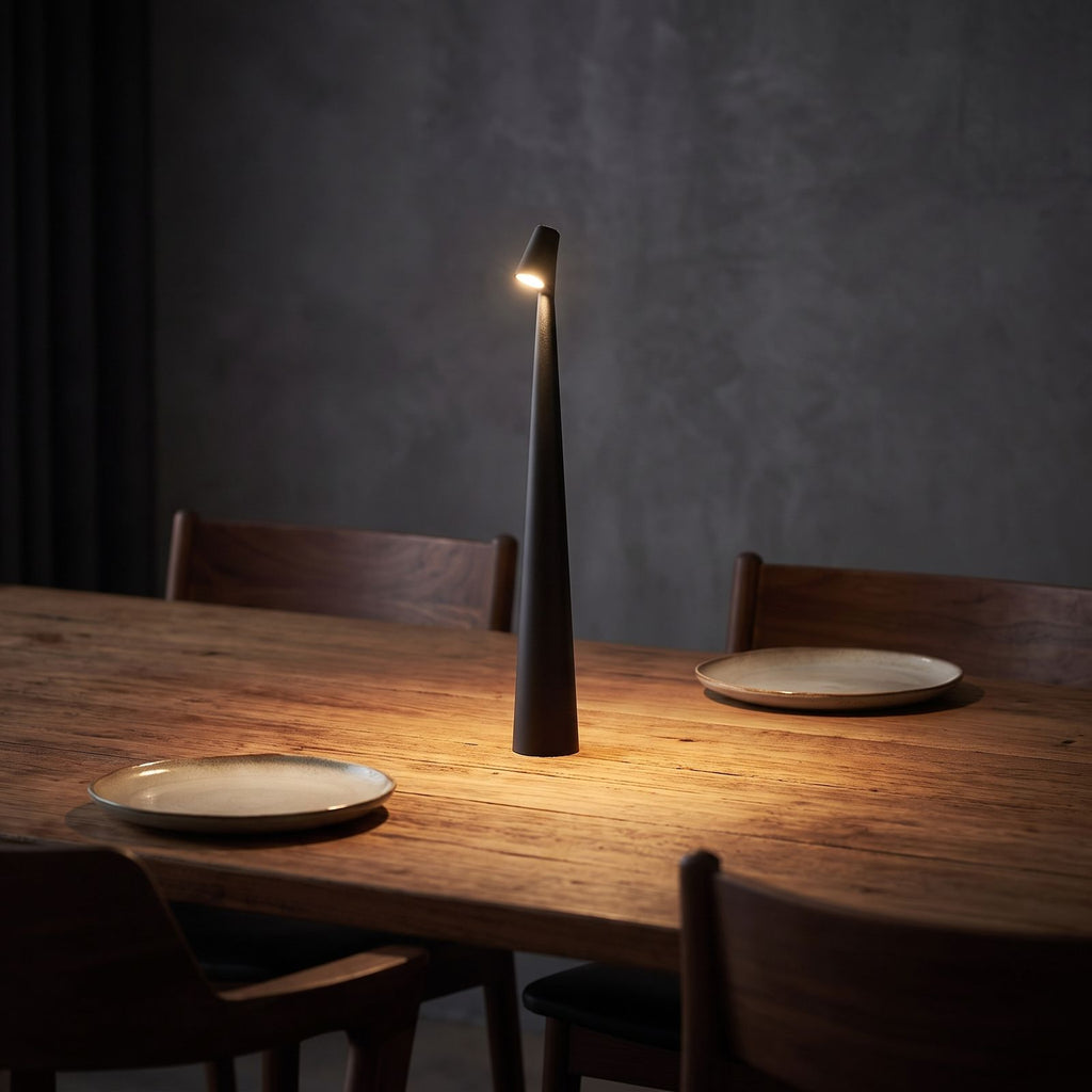 Tall Tapered Aluminium Rechargeable Table Lamp seen in a wider evening interior