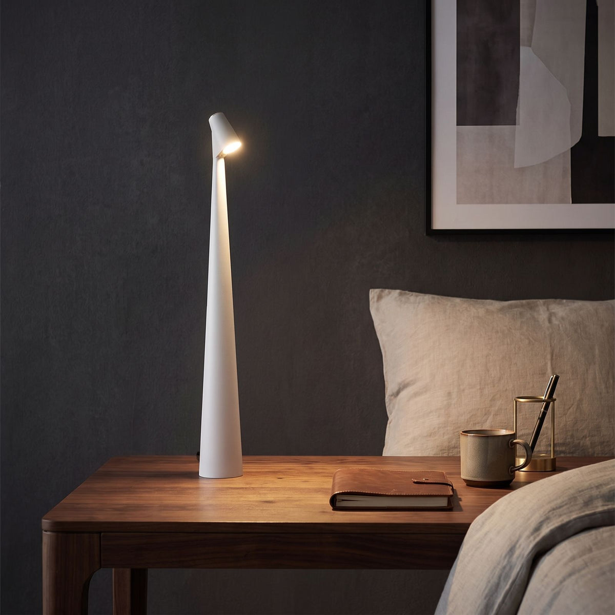 Tall Tapered Aluminium Rechargeable Table Lamp in White