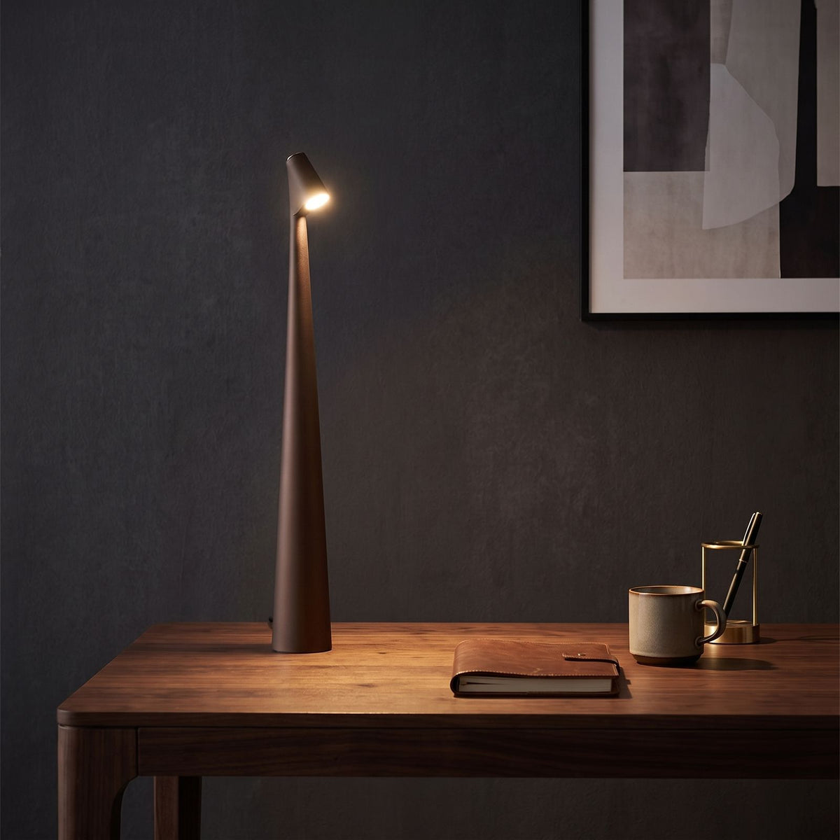 Tall Tapered Aluminium Rechargeable Table Lamp in Brown