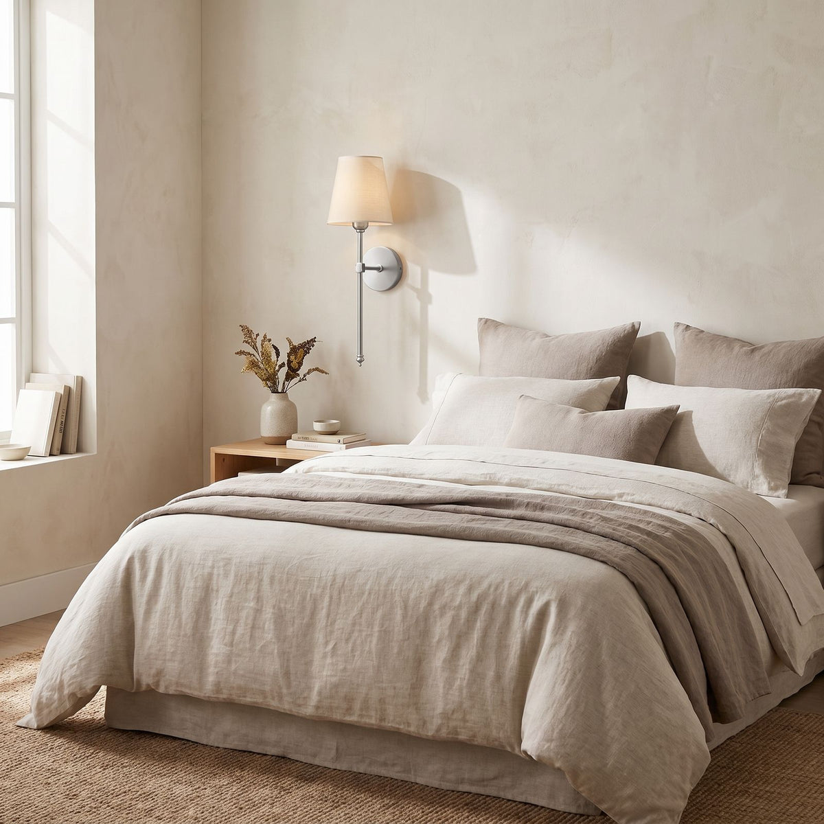 Tapered Fabric Shade Wireless Wall Sconce on a bedroom wall beside the bed