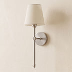 Tapered Fabric Shade Wireless Wall Sconce, close view at 45 degrees on a plaster wall