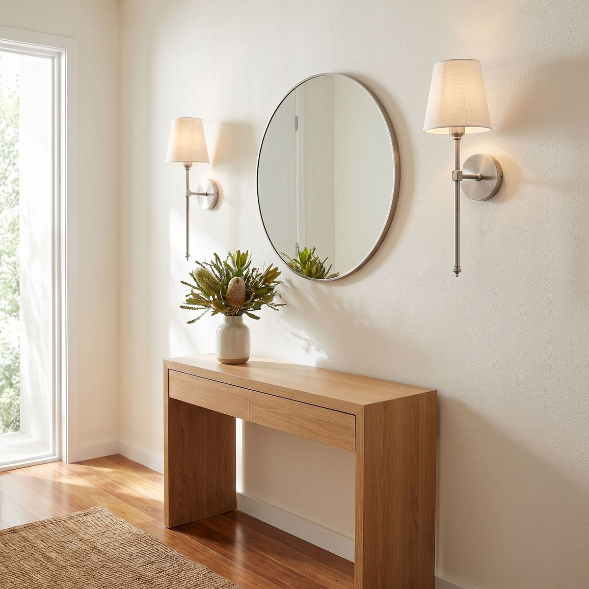 Tapered Fabric Shade Wireless Wall Sconce in a pair on a wall of an Australian home