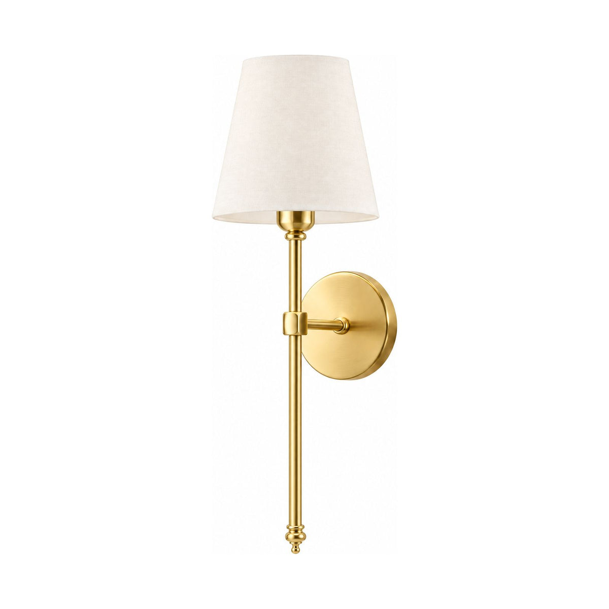 Tapered Fabric Shade Wireless Wall Sconce in Gold on a white background