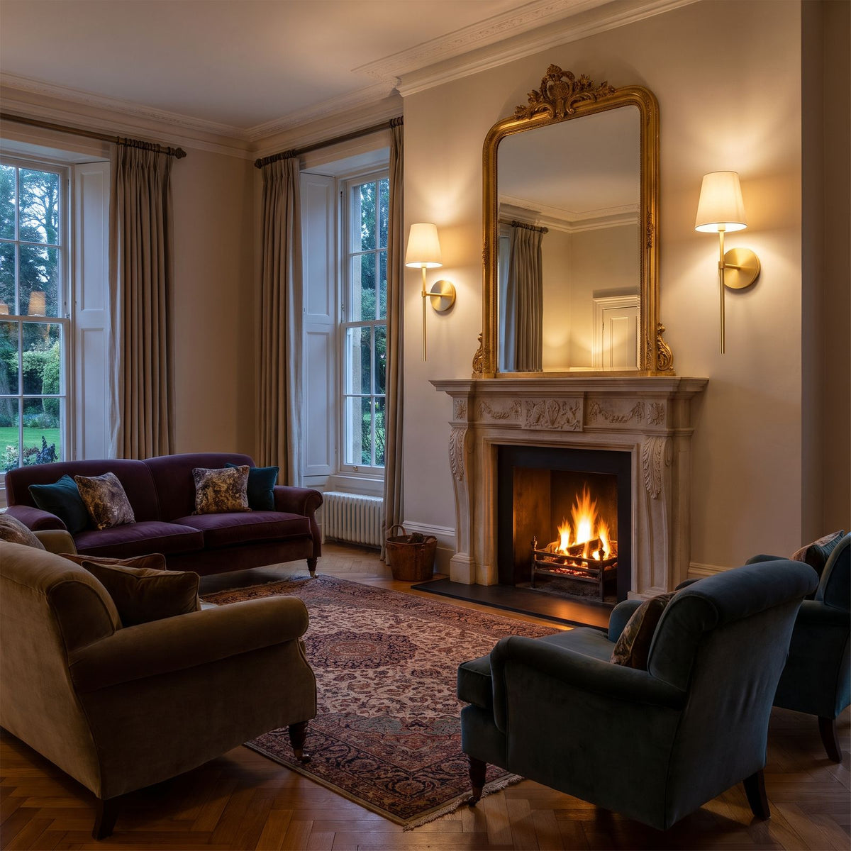 A pair of the wireless wall sconces in gold either side of the mirror above a living room fireplace