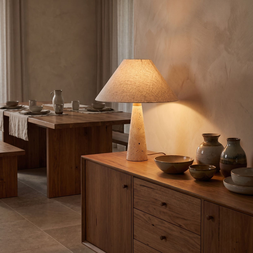 Tapered Travertine Stem Table Lamp on a timber sideboard in a dining room