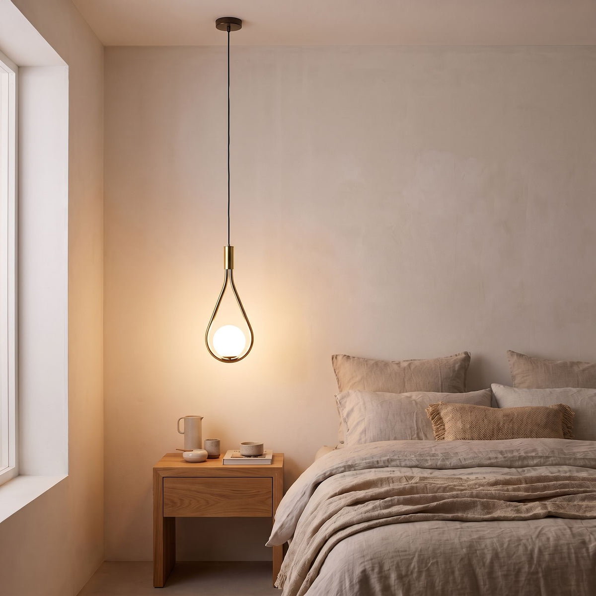 Teardrop Frame White Glass Globe Pendant Light in gold beside a bed