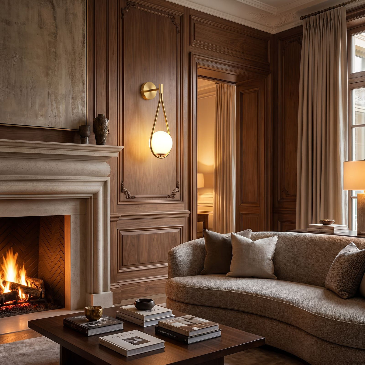 Teardrop Gold Frame Opal Glass Globe Wall Light on a panelled living room wall beside a stone fireplace in the evening