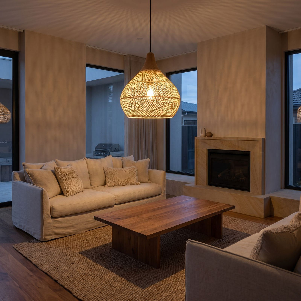 Teardrop Woven Rattan Pendant Light above a linen sofa in a living room