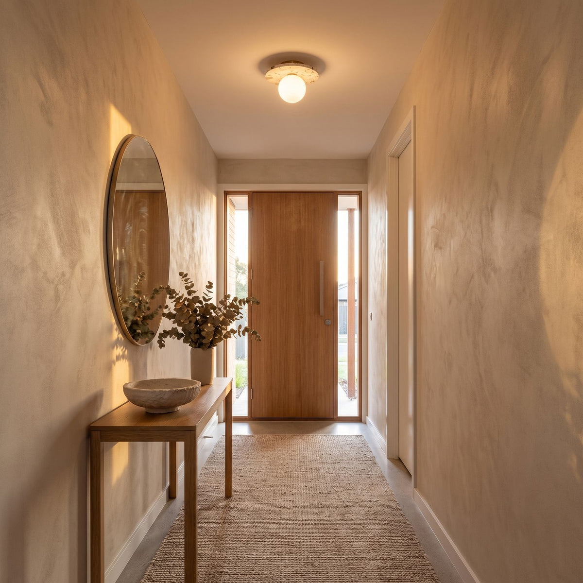 Terrazzo and Opal Glass Globe Flush Mount Ceiling Light in a hallway