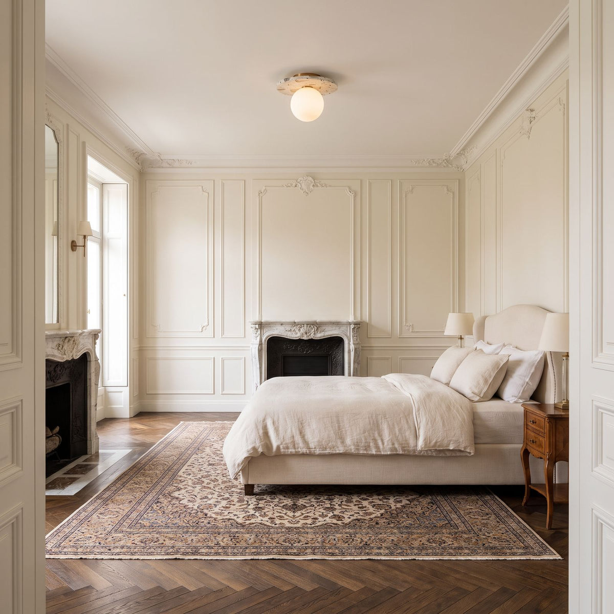 Terrazzo and Opal Glass Globe Flush Mount Ceiling Light in a bedroom, wide view