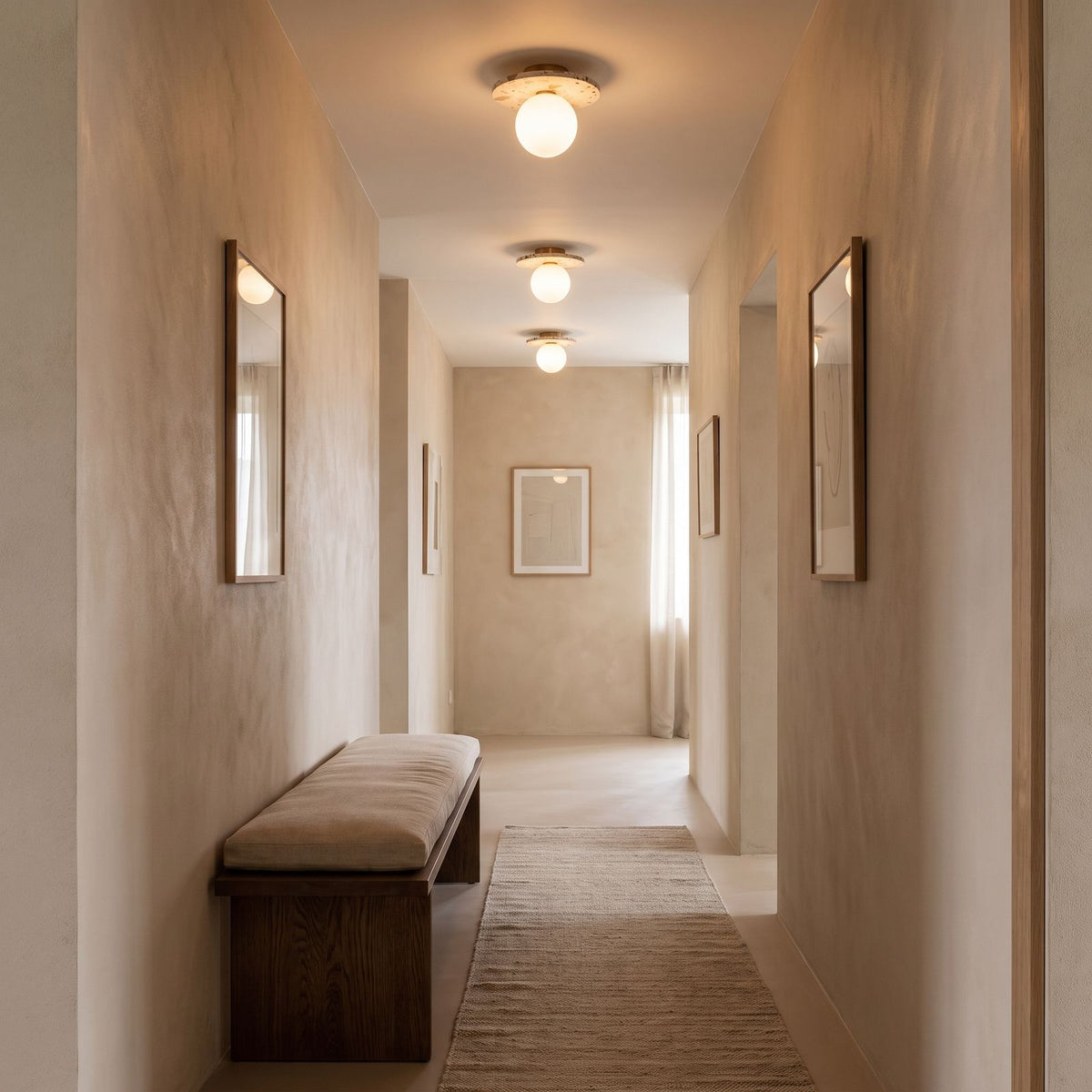 Terrazzo and Opal Glass Globe Flush Mount Ceiling Light: three along a hallway ceiling