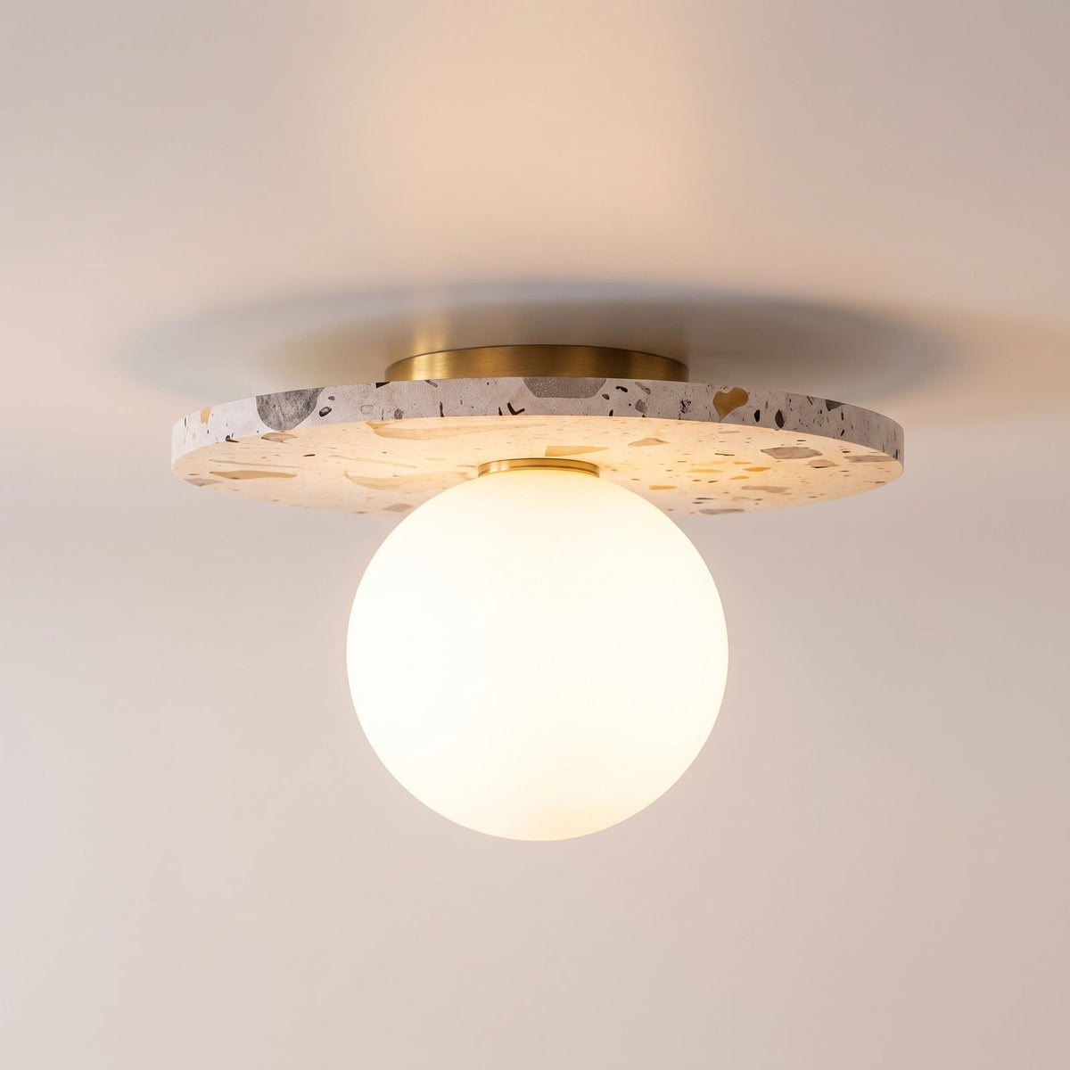 Terrazzo and Opal Glass Globe Flush Mount Ceiling Light: side view of the materials and finish