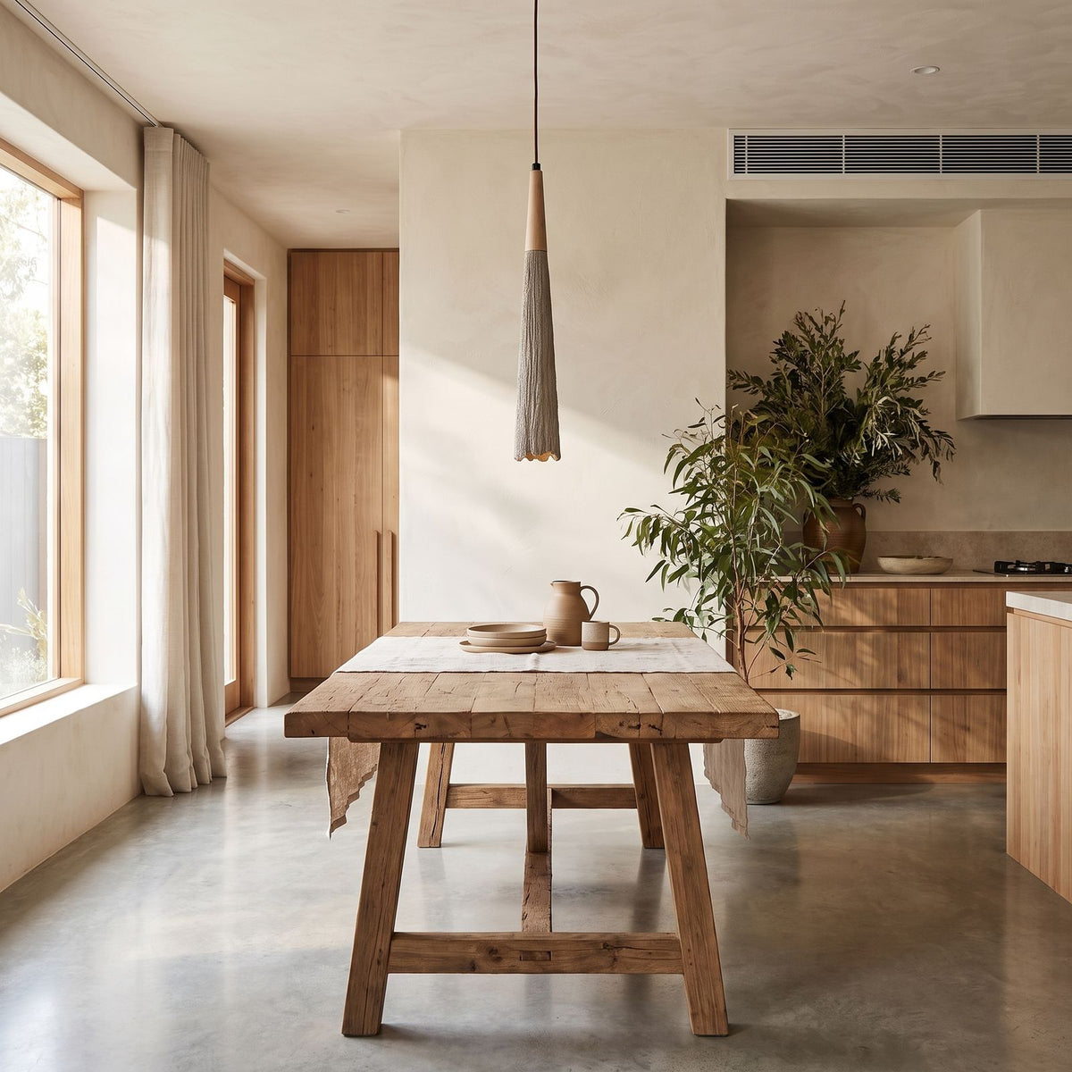 Textured Cement Cone Pendant Light above a timber dining table