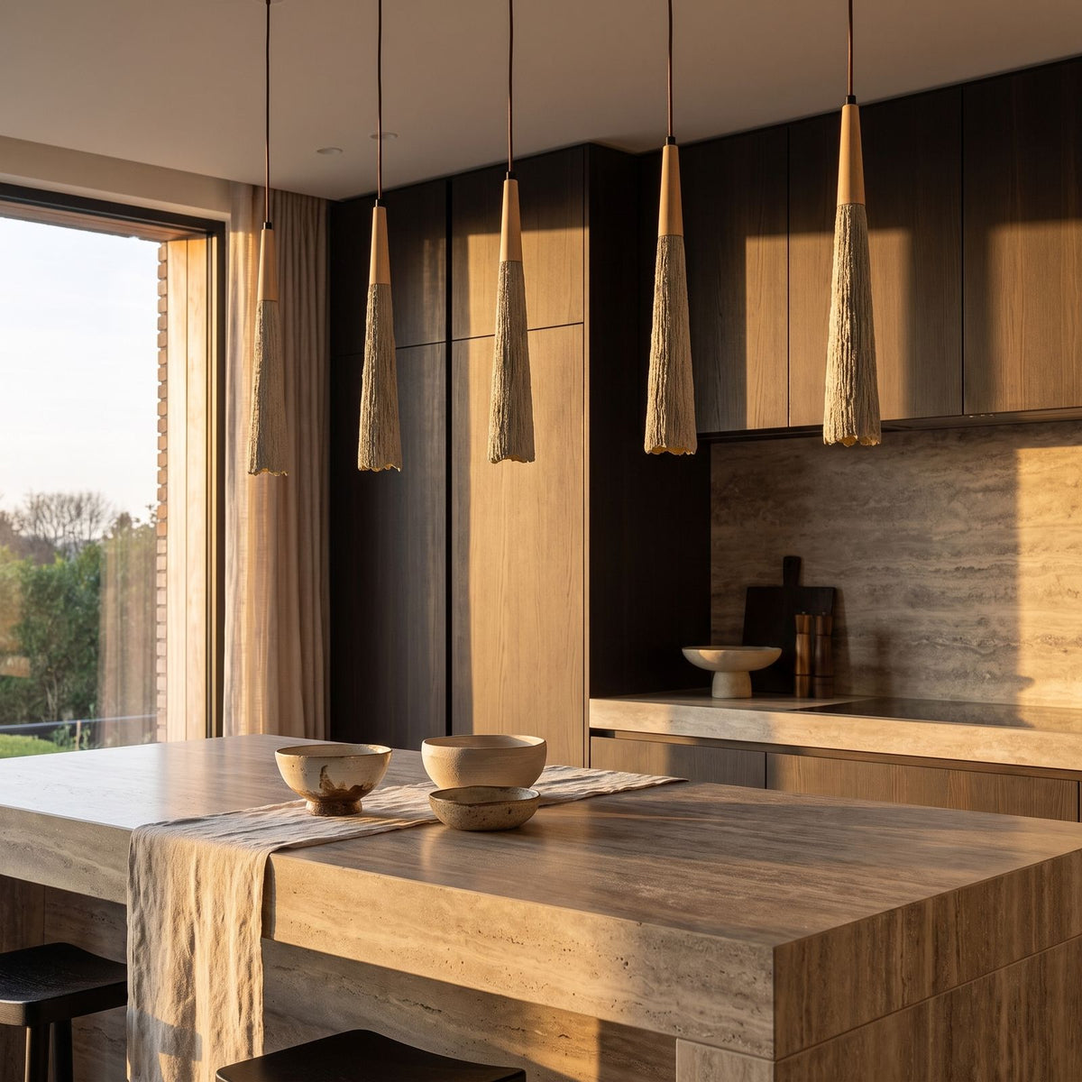 Textured Cement Cone Pendant Light in a row over a stone kitchen island