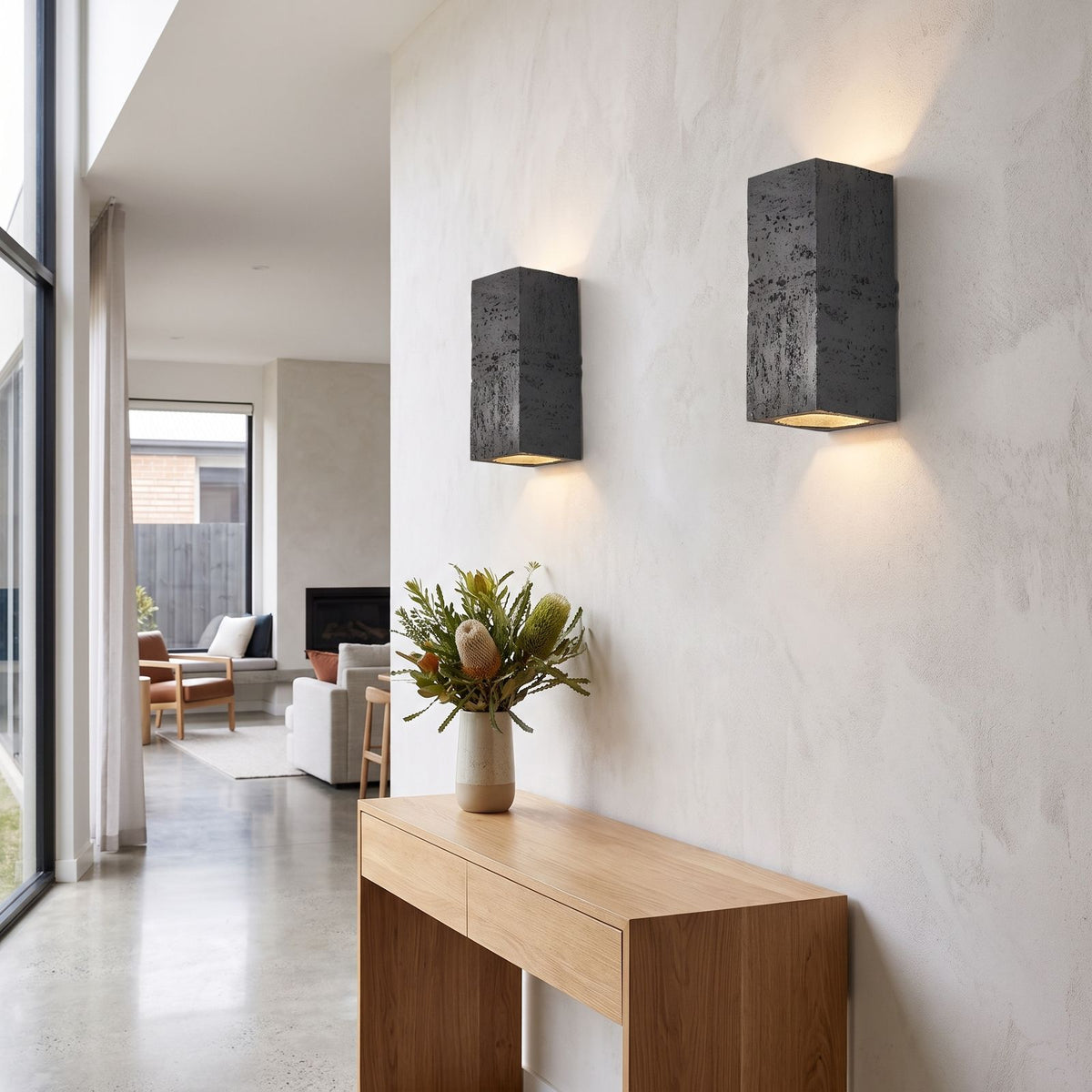 Textured Cement-Finish Box Wall Light in a pair on a wall of an Australian home
