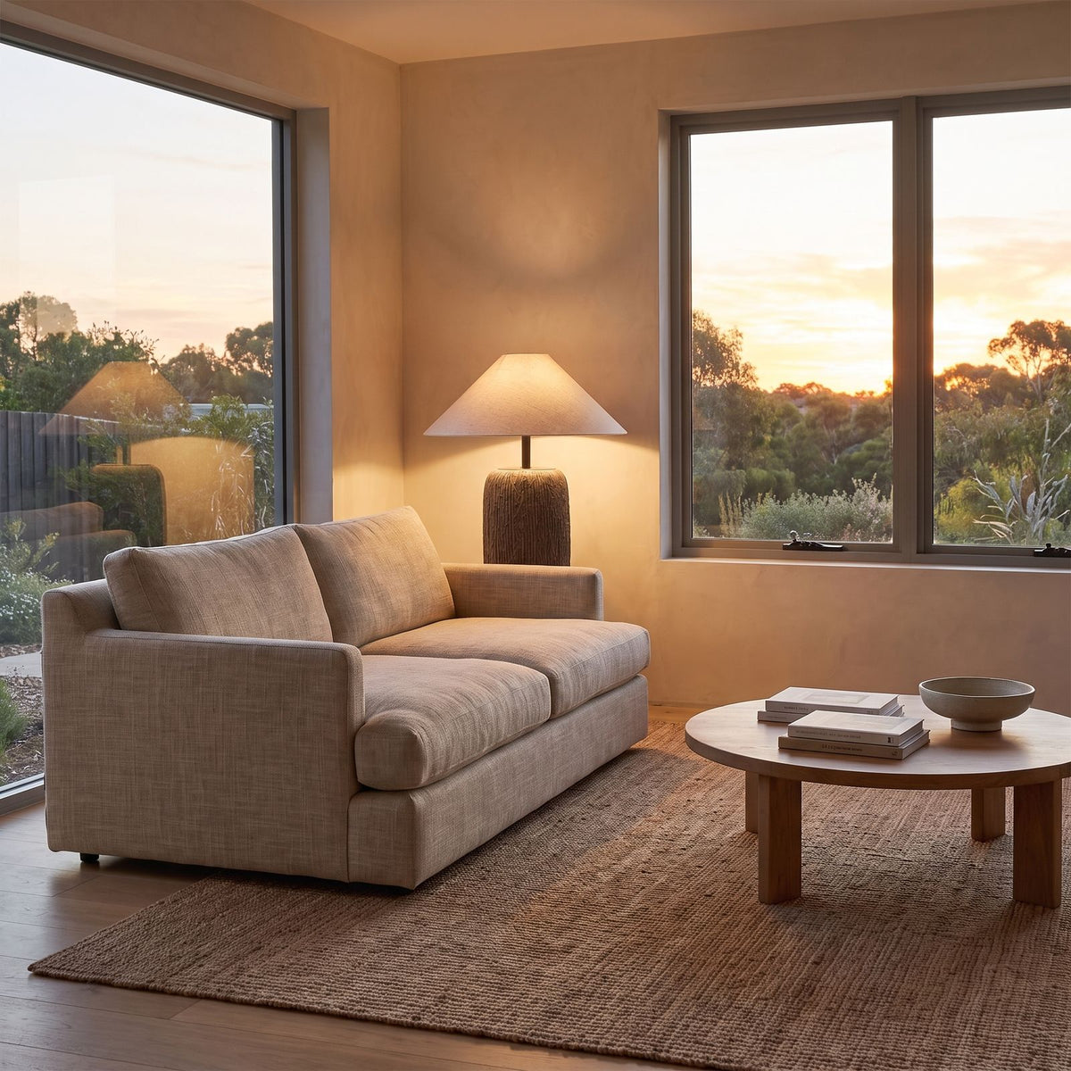 Textured clay base cone shade floor lamp beside a sofa, wide living room view
