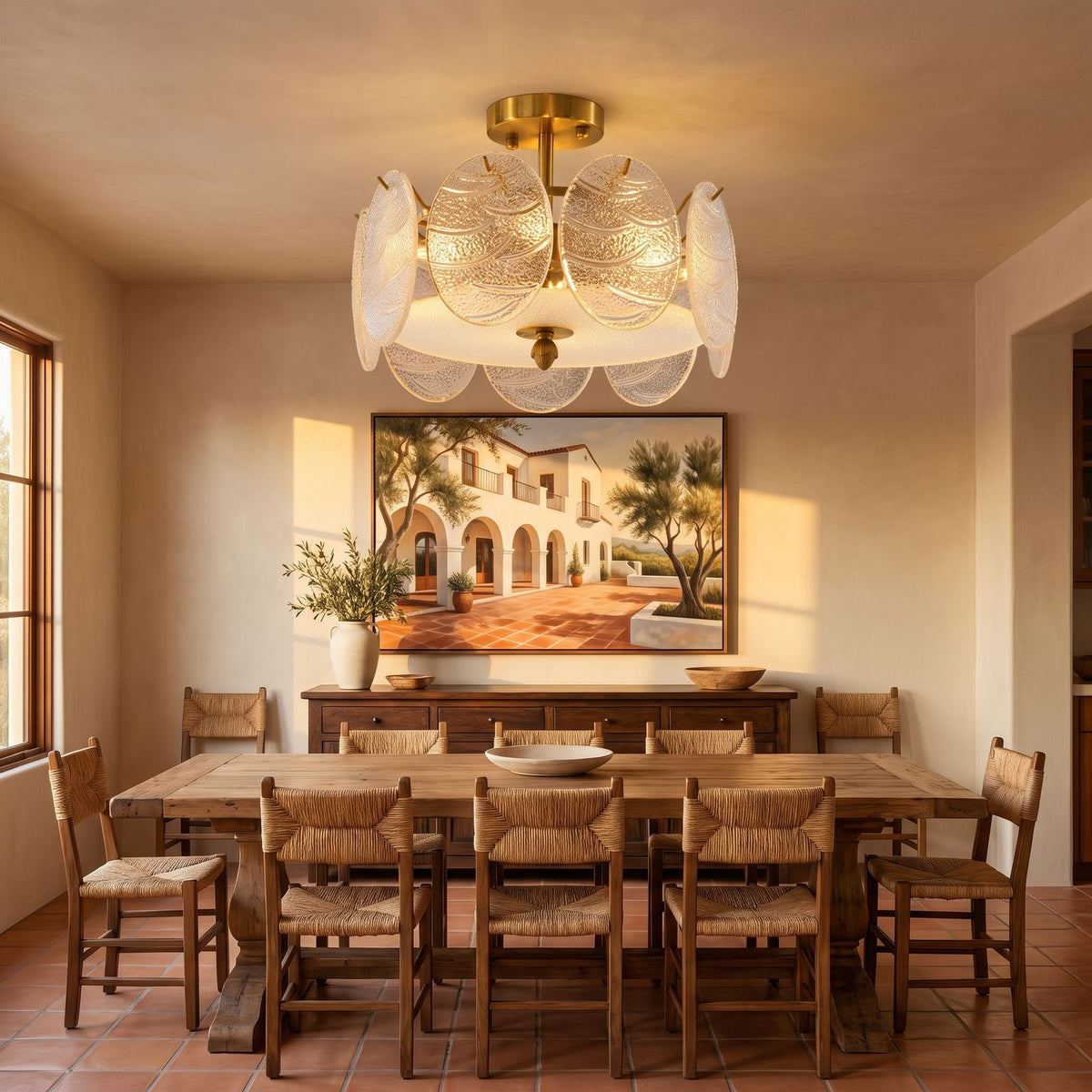 Textured Glass Disc Ring Semi-Flush Ceiling Light above a dining table