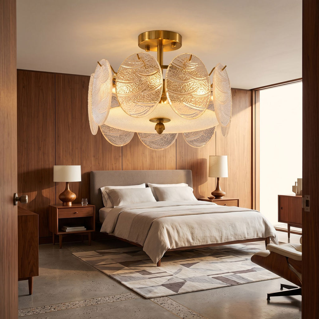 Textured Glass Disc Ring Semi-Flush Ceiling Light in a bedroom in daylight