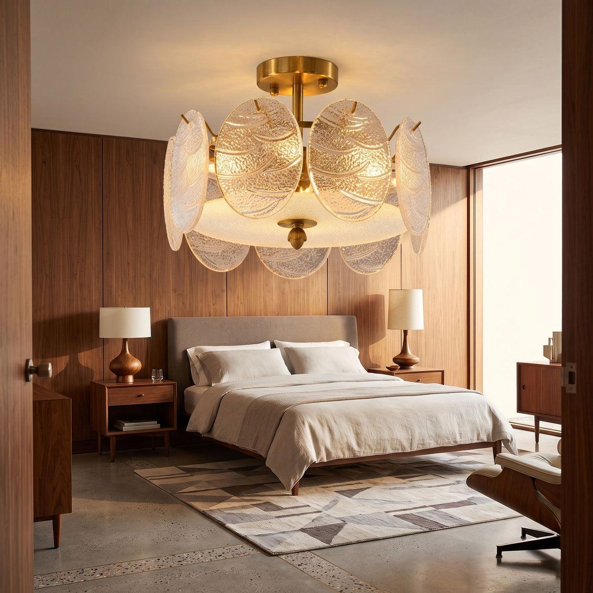 Textured Glass Disc Ring Semi-Flush Ceiling Light in a bedroom in daylight