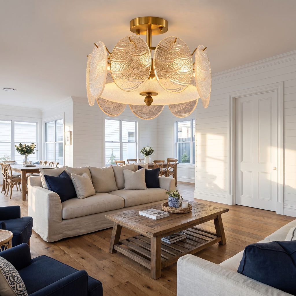 Textured Glass Disc Ring Semi-Flush Ceiling Light in an open-plan living area, wide view