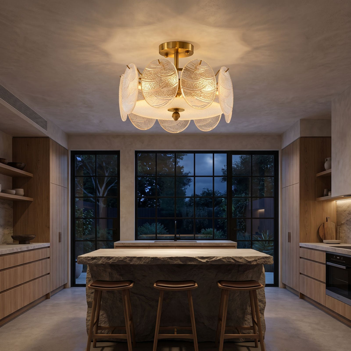 Textured Glass Disc Ring Semi-Flush Ceiling Light above a kitchen island at night
