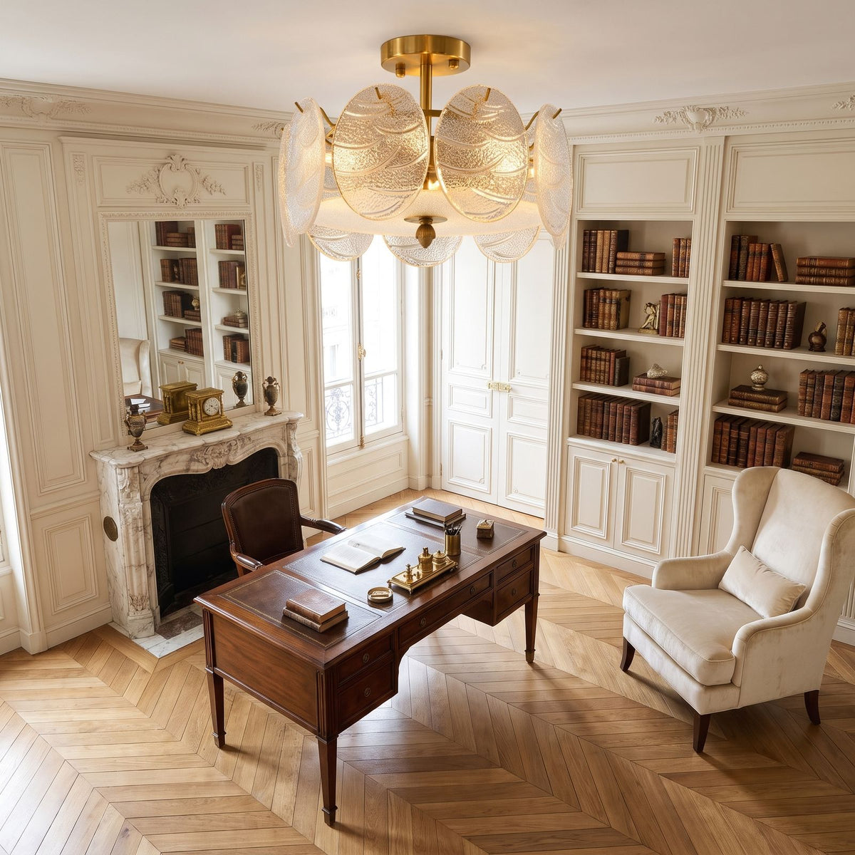 Textured Glass Disc Ring Semi-Flush Ceiling Light in a home office