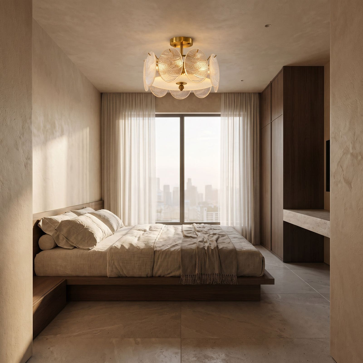 Textured Glass Disc Ring Semi-Flush Ceiling Light 50 cm in a bedroom