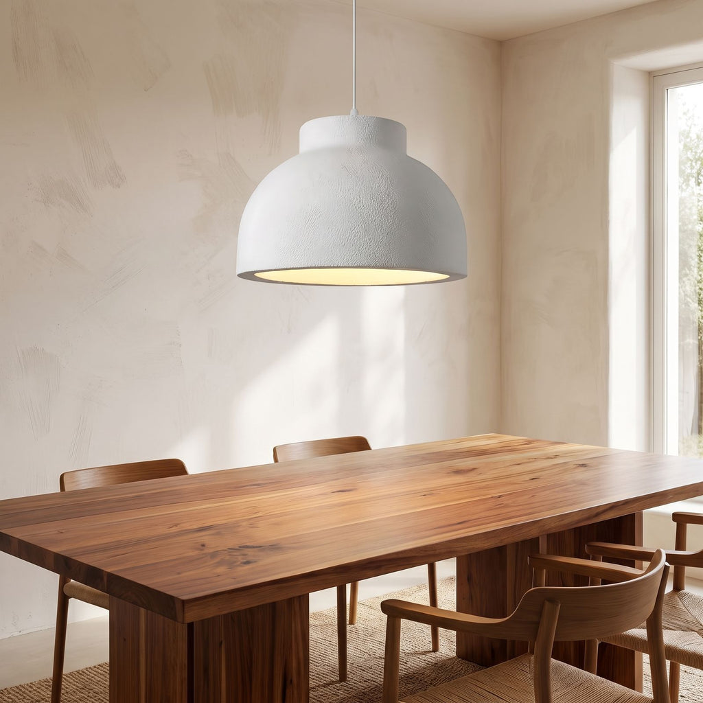 Textured Polystyrene Dome Pendant Light above a timber dining table