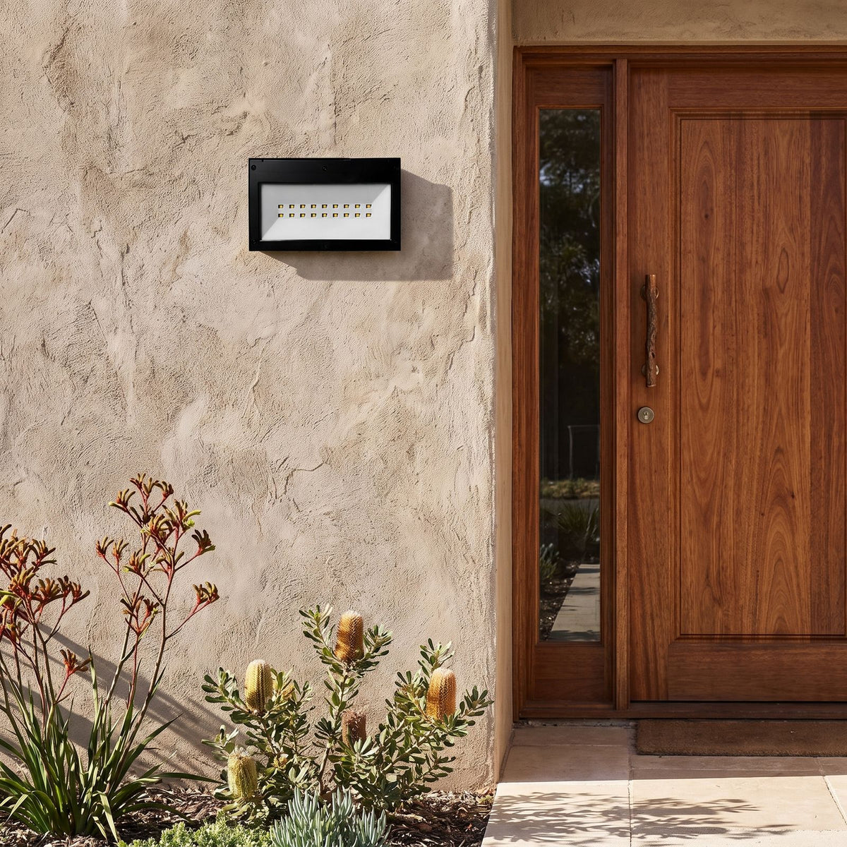 Three Mode Solar Outdoor Wall Light beside a timber front door