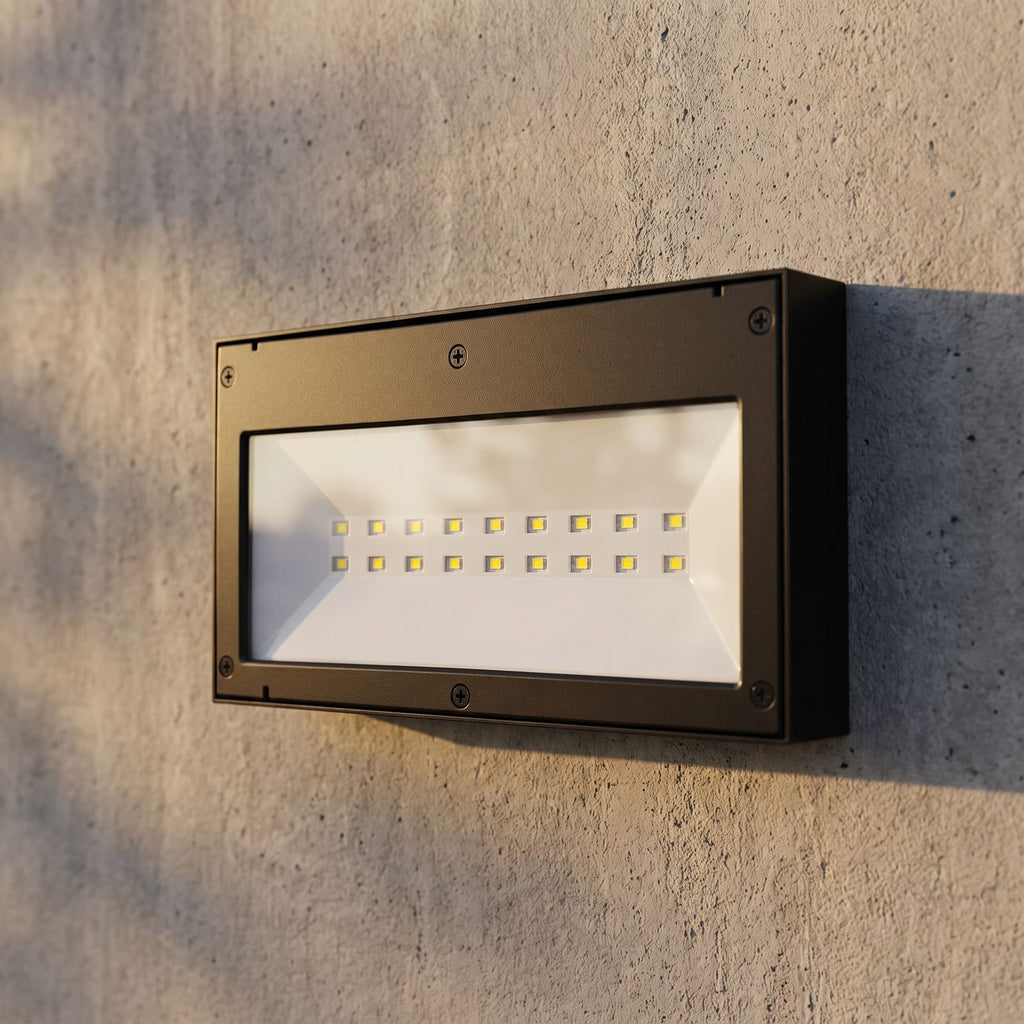 Three Mode Solar Outdoor Wall Light, close view at 45 degrees on a stone wall