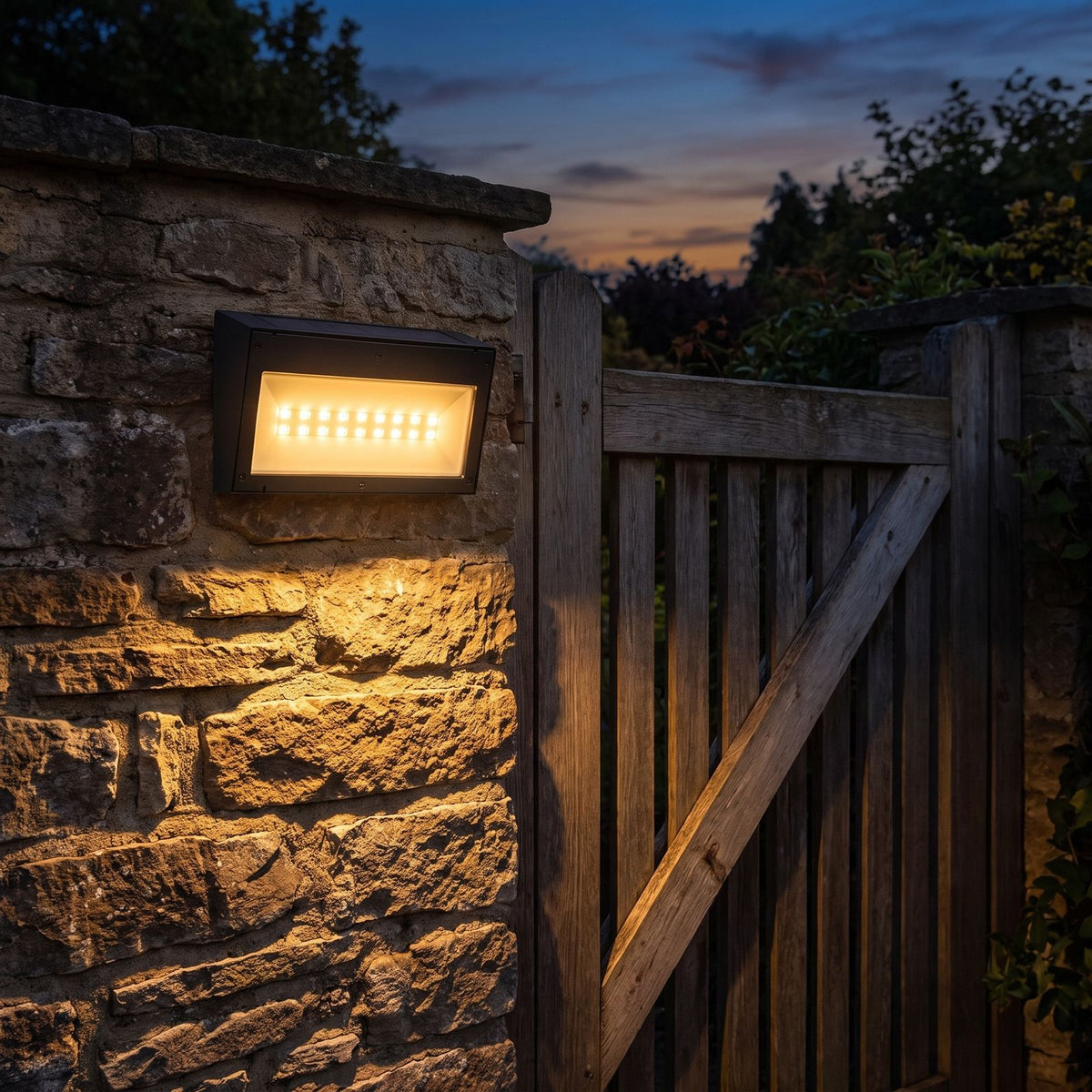 Three Mode Solar Outdoor Wall Light on a porch wall at dusk