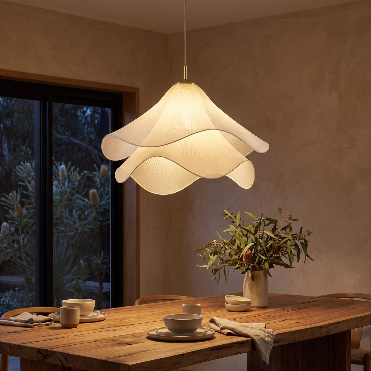Tiered Pleated Fabric Pendant Light in a styled Australian interior with the light on