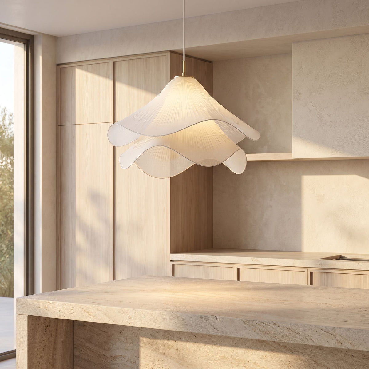 Tiered Pleated Fabric Pendant Light lighting a second setting in an Australian home